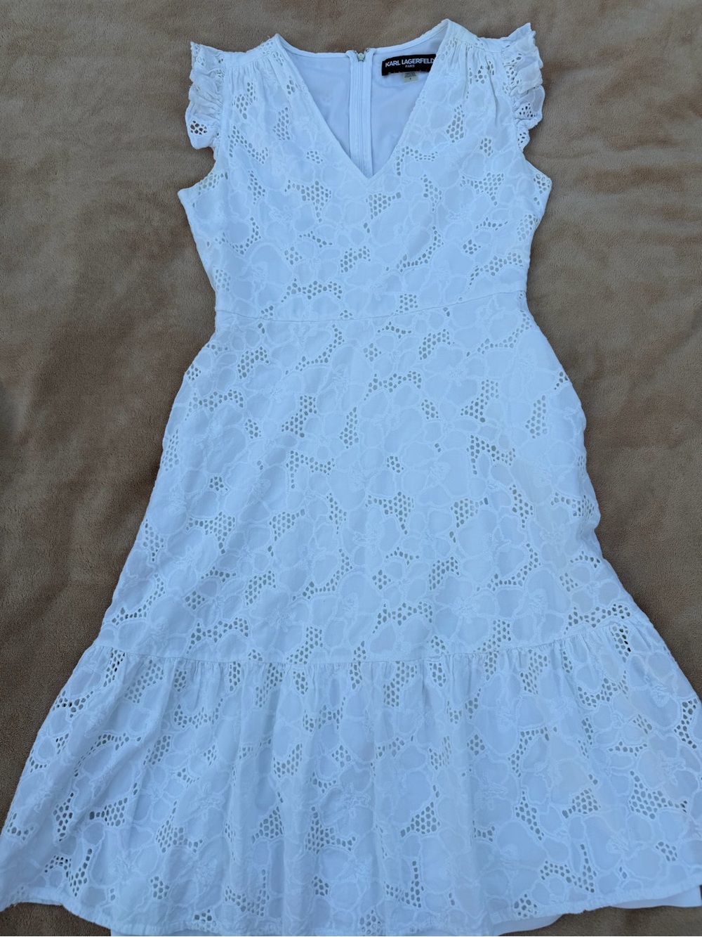 Karl Lagerfeld White Eyelet V-Neck Midi Dress with Ruffle Shoulders Size 8 - Picture 14 of 14